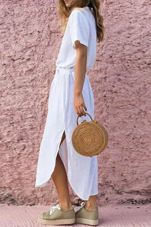 Deep V Buttons Down Long Shirt Dress