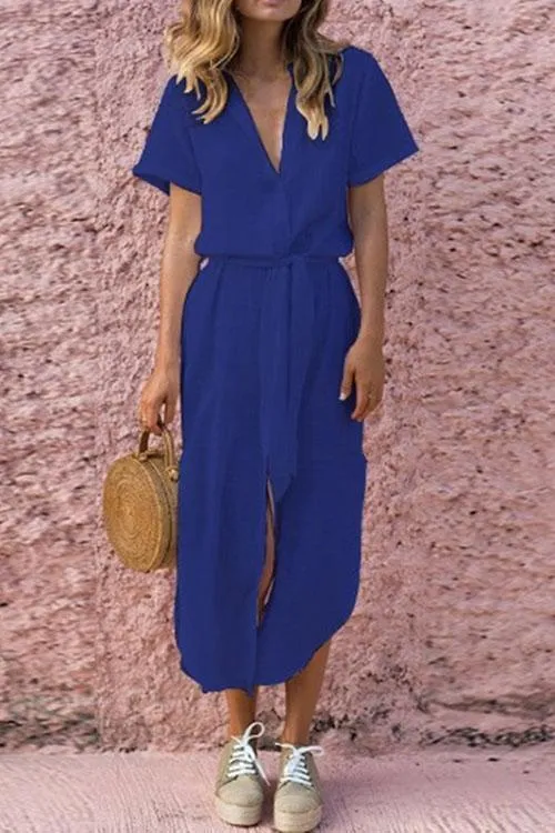 Deep V Buttons Down Long Shirt Dress