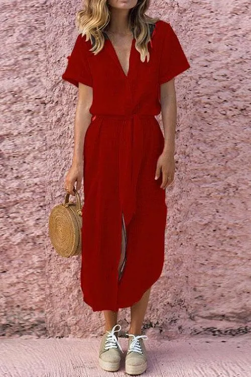 Deep V Buttons Down Long Shirt Dress