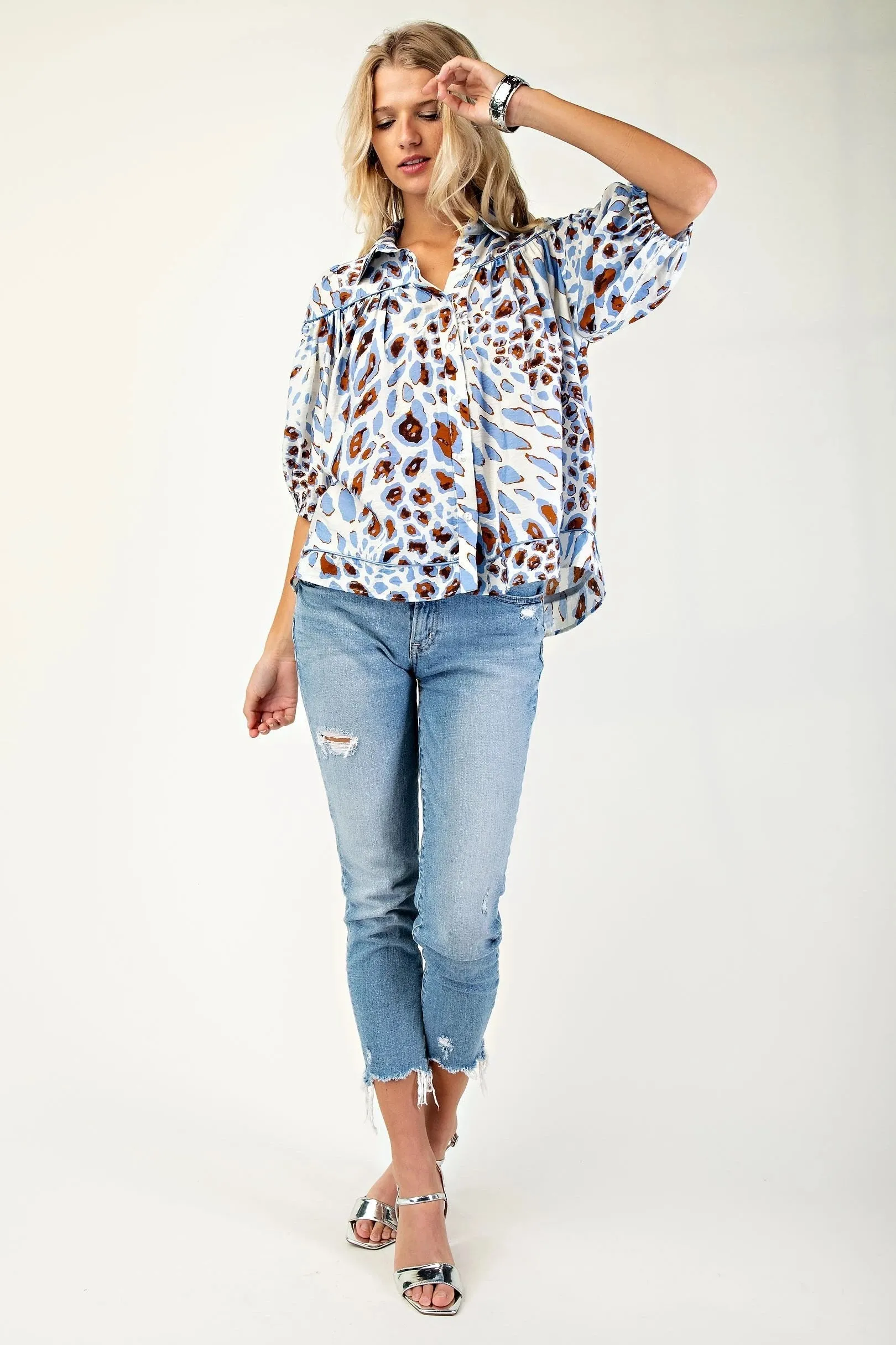 Denim Friendly Leopard Print Button Down Blouse