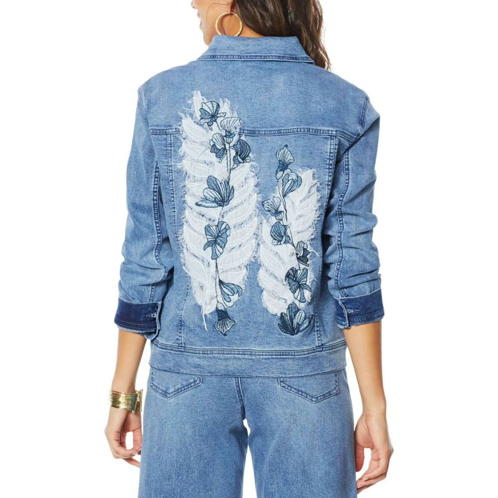 DG2 by Diane Gilman Women's Leaf Embroidered Trucker Jean Jacket