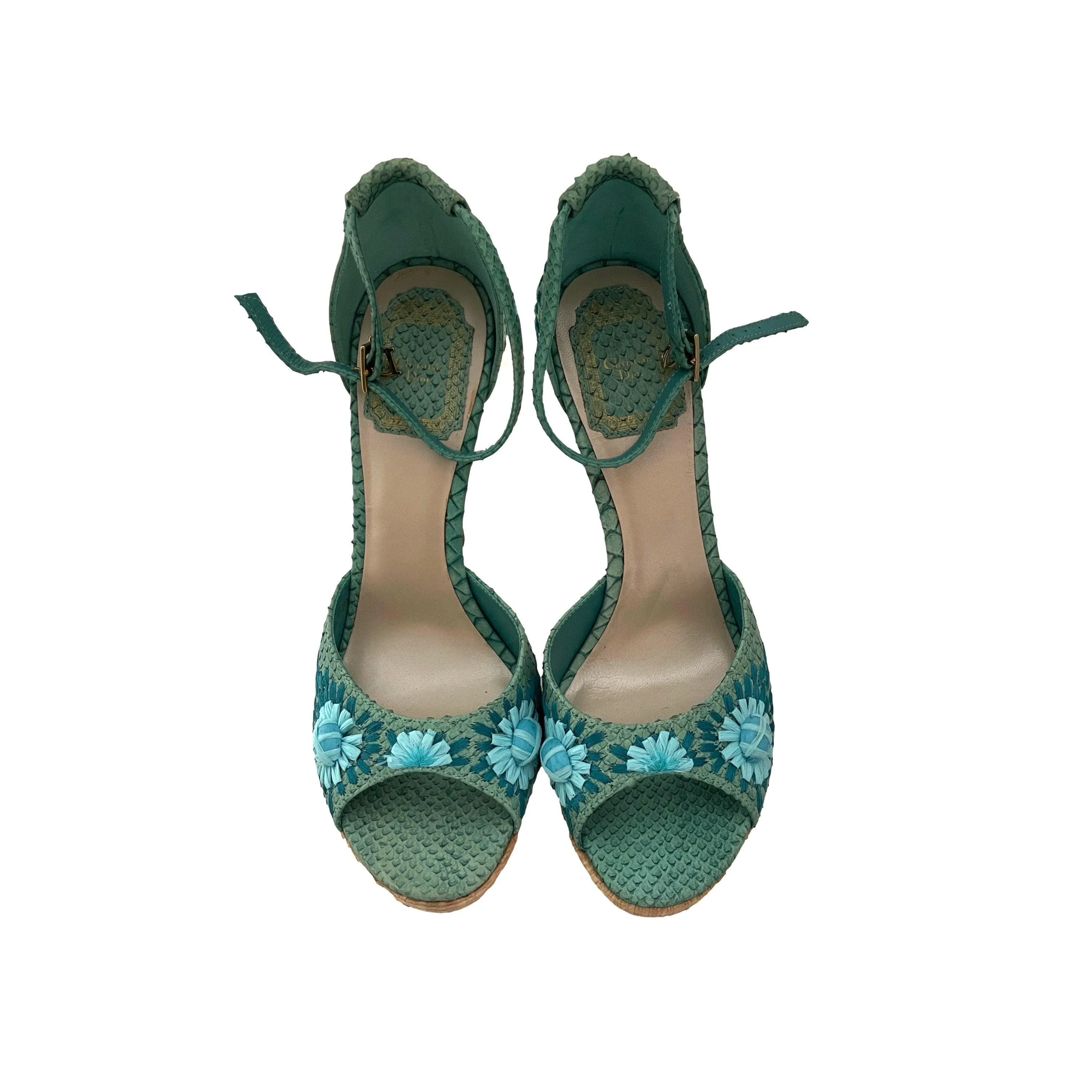 Dior Turquoise Straw Floral Heels