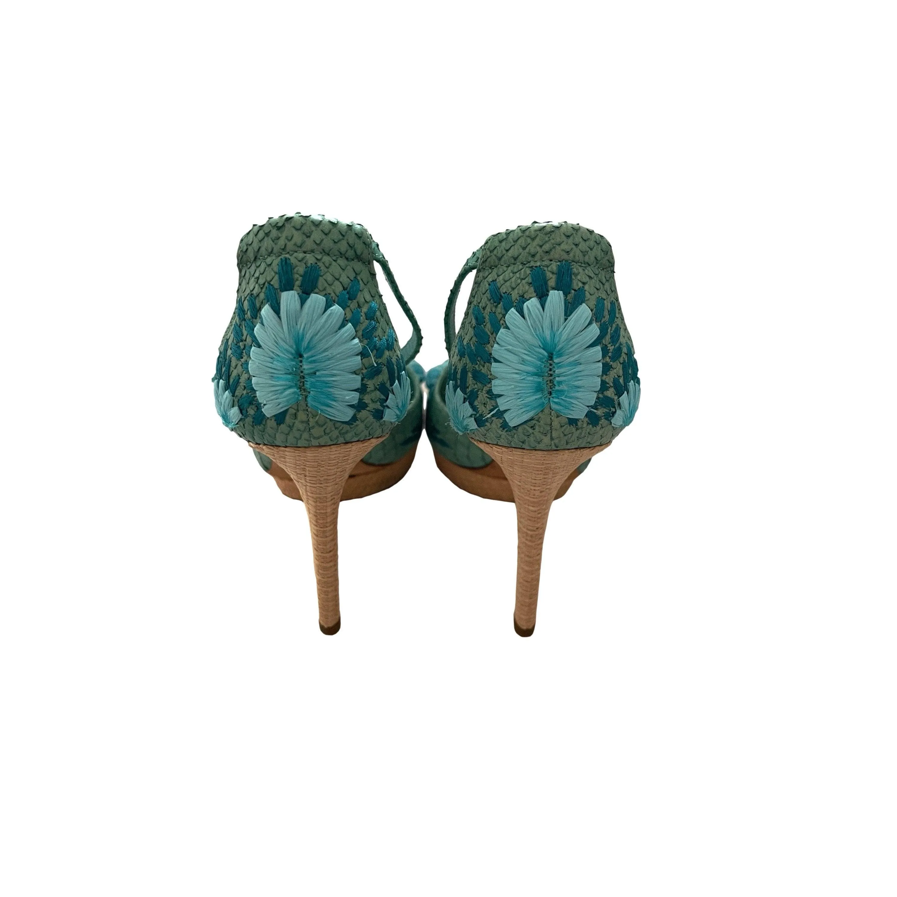 Dior Turquoise Straw Floral Heels