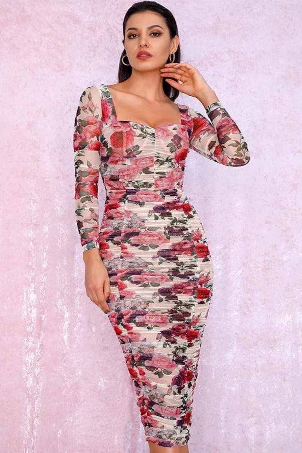 Elastic Floral Print Mesh Bodycon Midi Dress