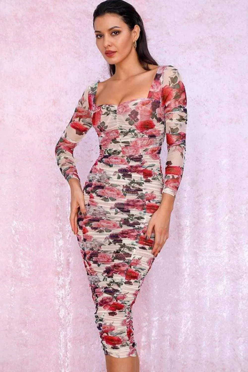 Elastic Floral Print Mesh Bodycon Midi Dress