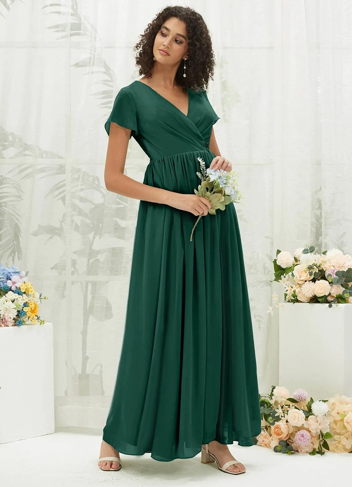 Emerald Green Chiffon Short Sleeve V-Neck Wrap Pleated  Bridesmaid Dress