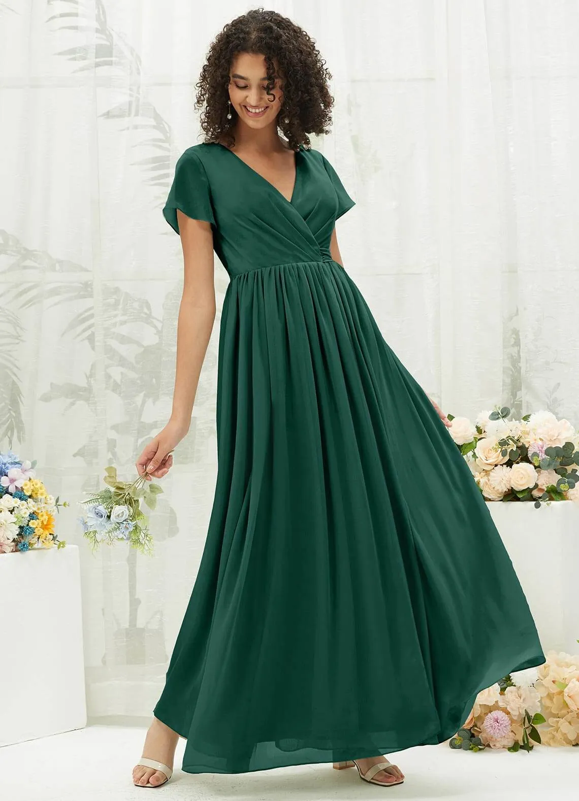 Emerald Green Chiffon Short Sleeve V-Neck Wrap Pleated  Bridesmaid Dress