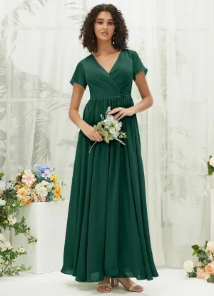 Emerald Green Chiffon Short Sleeve V-Neck Wrap Pleated  Bridesmaid Dress