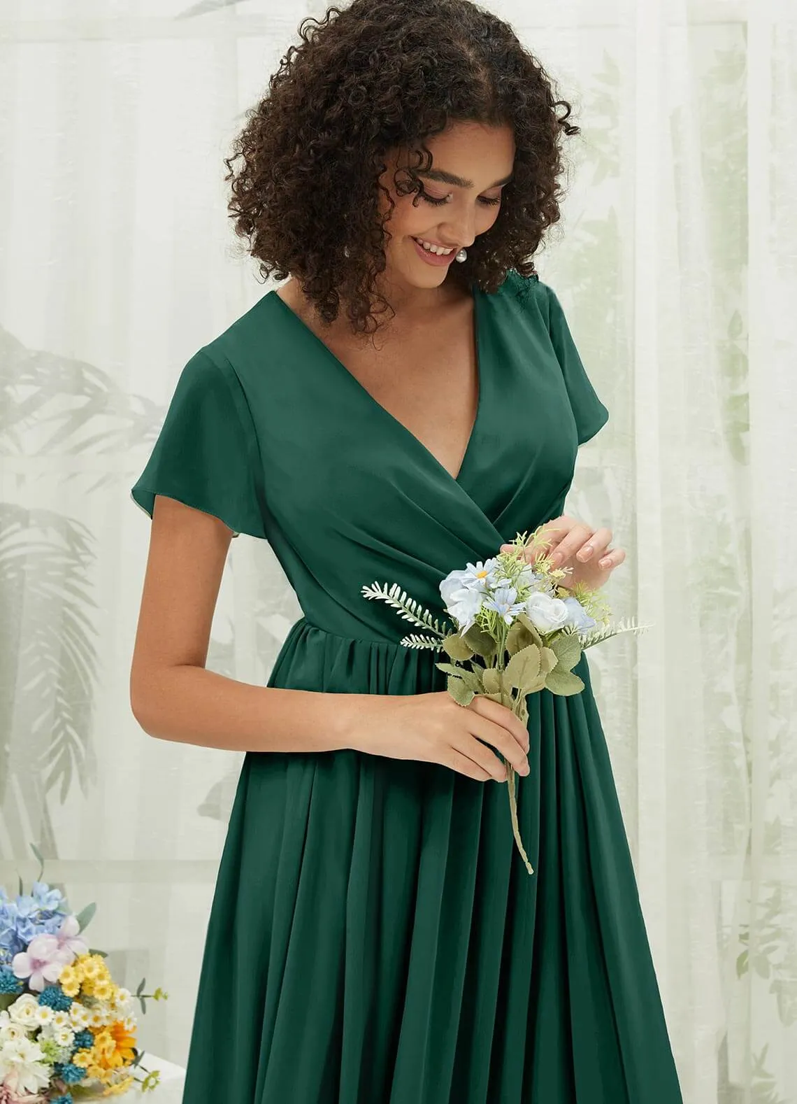 Emerald Green Chiffon Short Sleeve V-Neck Wrap Pleated  Bridesmaid Dress