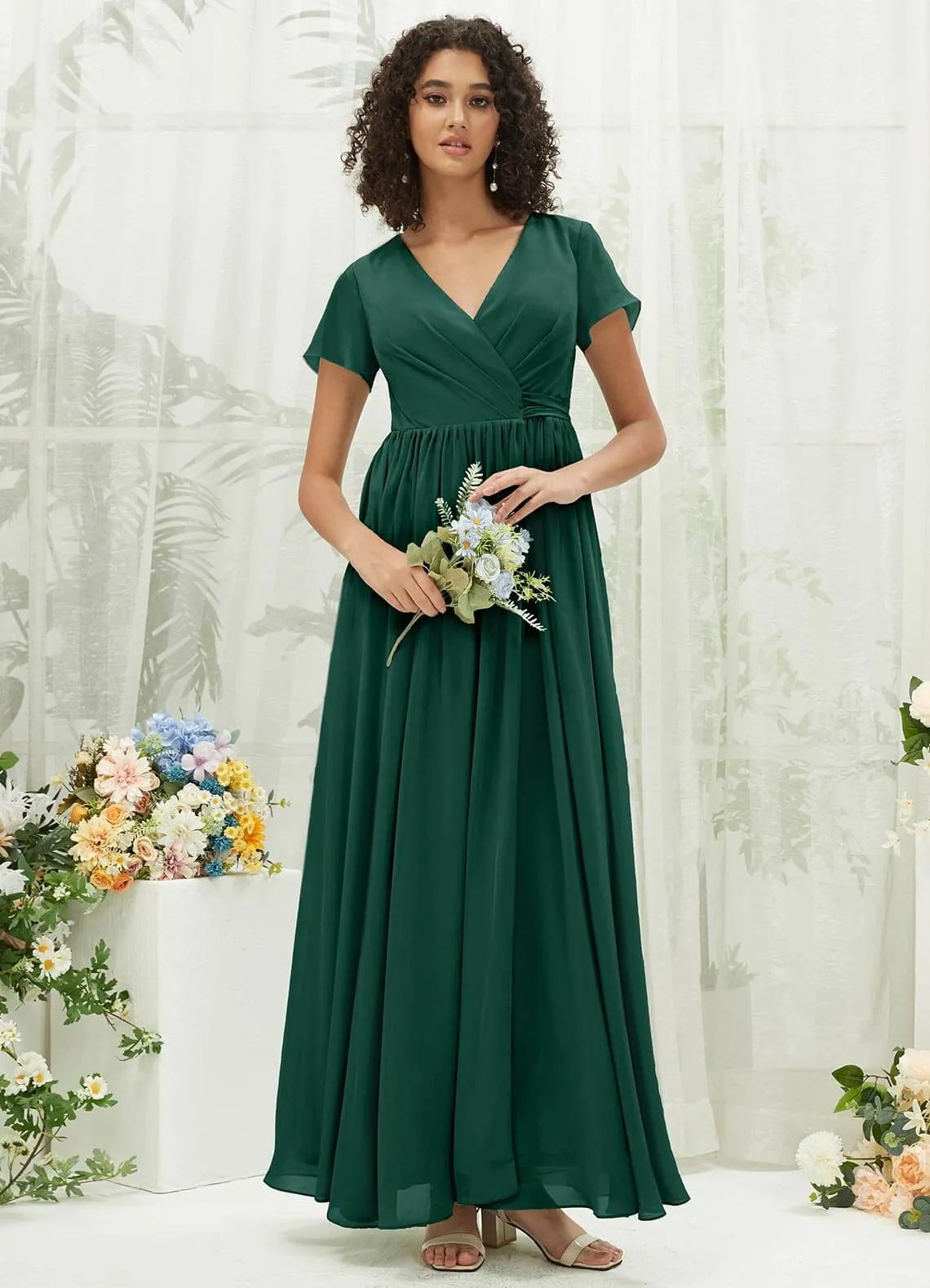 Emerald Green Chiffon Short Sleeve V-Neck Wrap Pleated  Bridesmaid Dress
