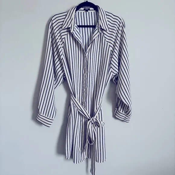 Express Black &amp; Cream Striped Long Sleeve Shirt Dress with Tie Waist, Size M