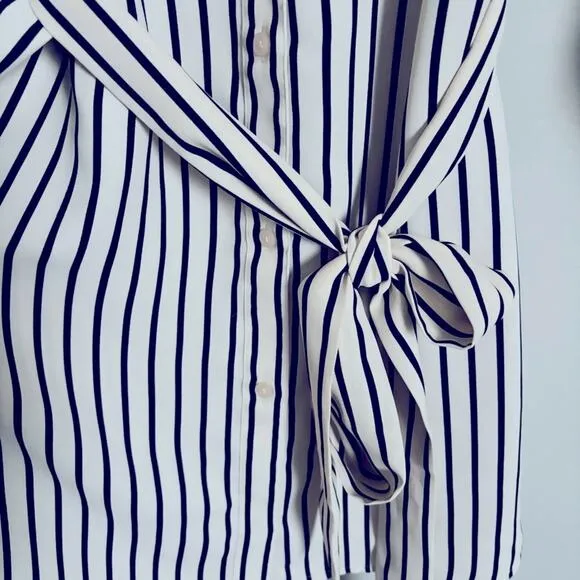 Express Black &amp; Cream Striped Long Sleeve Shirt Dress with Tie Waist, Size M