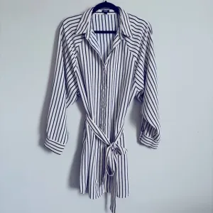 Express Black &amp; Cream Striped Long Sleeve Shirt Dress with Tie Waist, Size M
