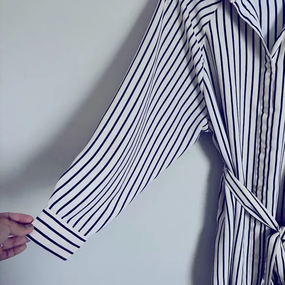 Express Black &amp; Cream Striped Long Sleeve Shirt Dress with Tie Waist, Size M