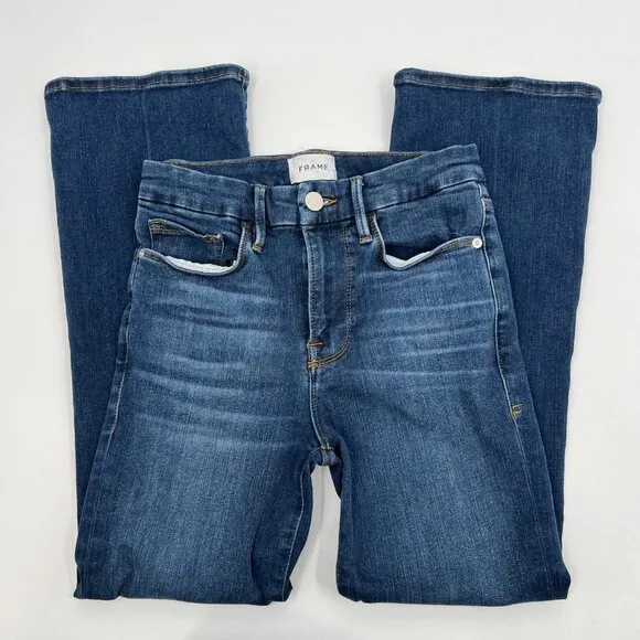 Frame Denim Blue Dark Wash Le One Crop Mini Boot Jeans | Size 0