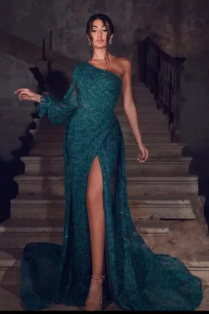Glamorous Green Front Slit Lace Evening Dress Sequins One Shoulder With Long Sleeve On One Side