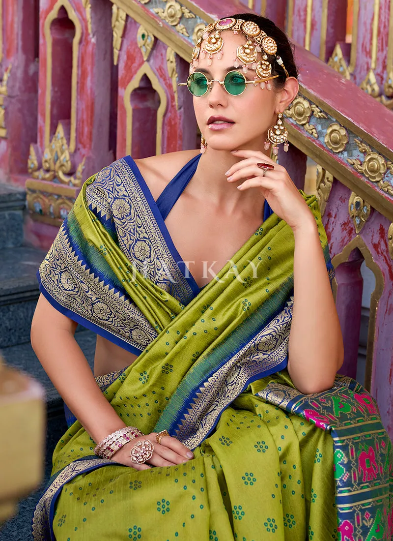 Green and Blue Ikat Printed Patola Silk Saree