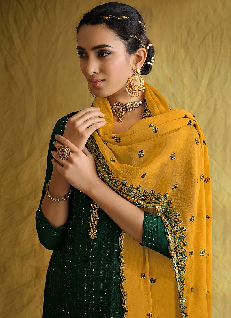 Green And Yellow Embroidered Palazzo Suit