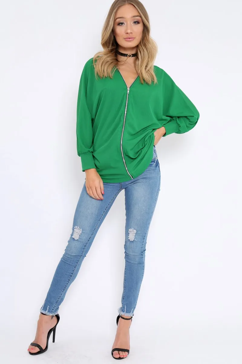 Green Ribbed Oversized Zip Front Top - Rabecca