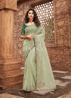 Green Two Tone Multi Embroidered Partywear Saree