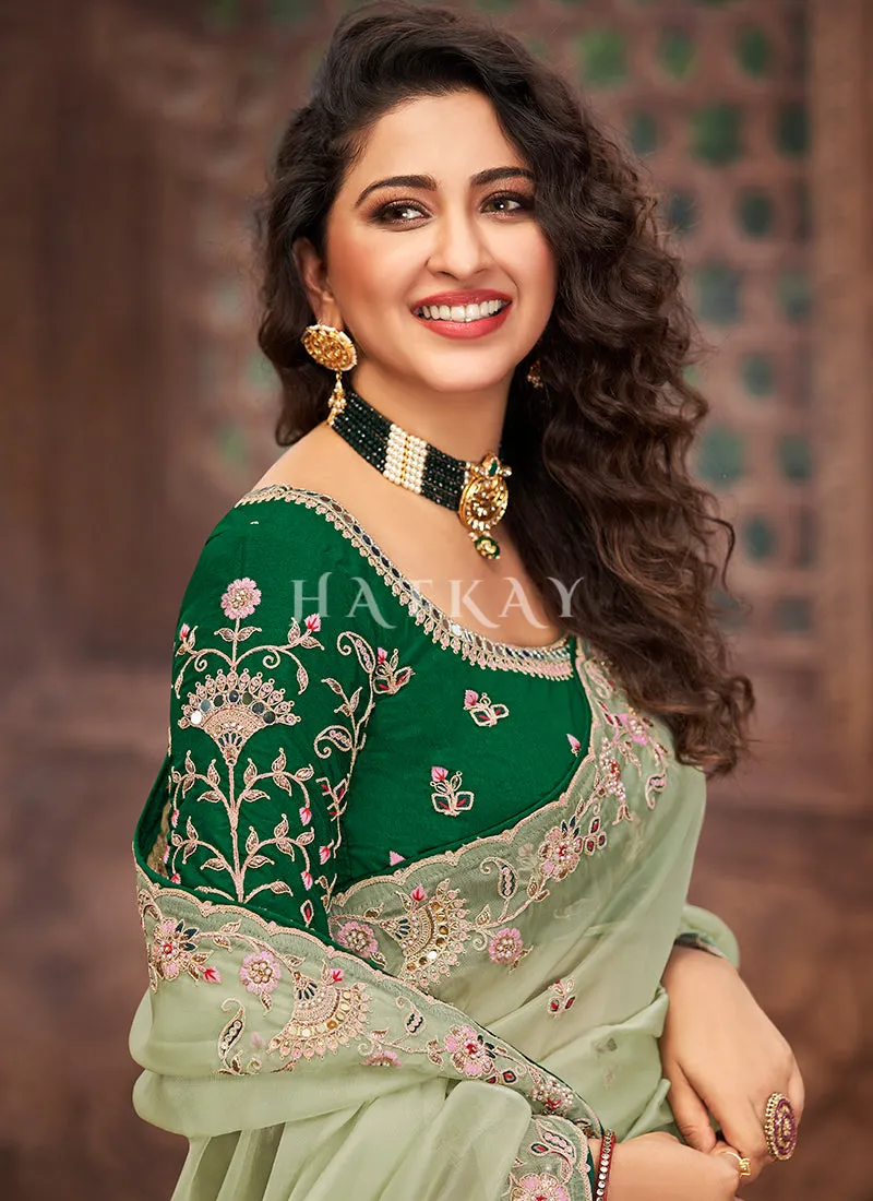 Green Two Tone Multi Embroidered Partywear Saree