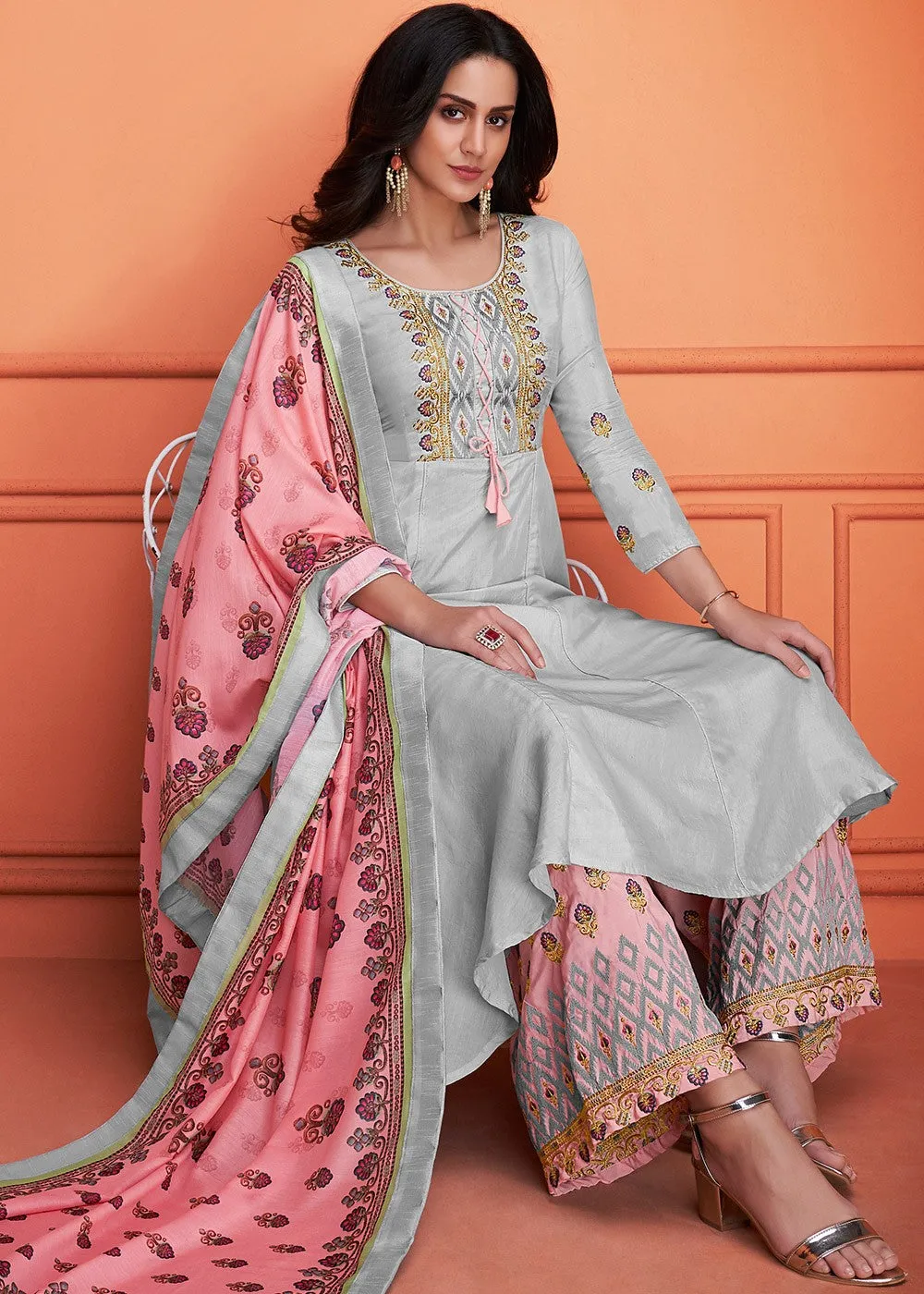 Grey And Pink Floral Embroidered Palazzo Suit