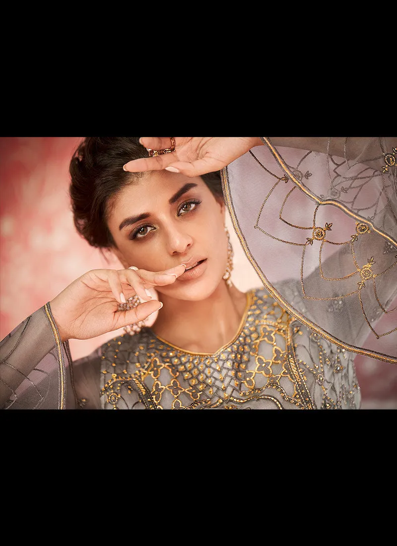 Grey Embroidered Anarkali Lehenga Suit