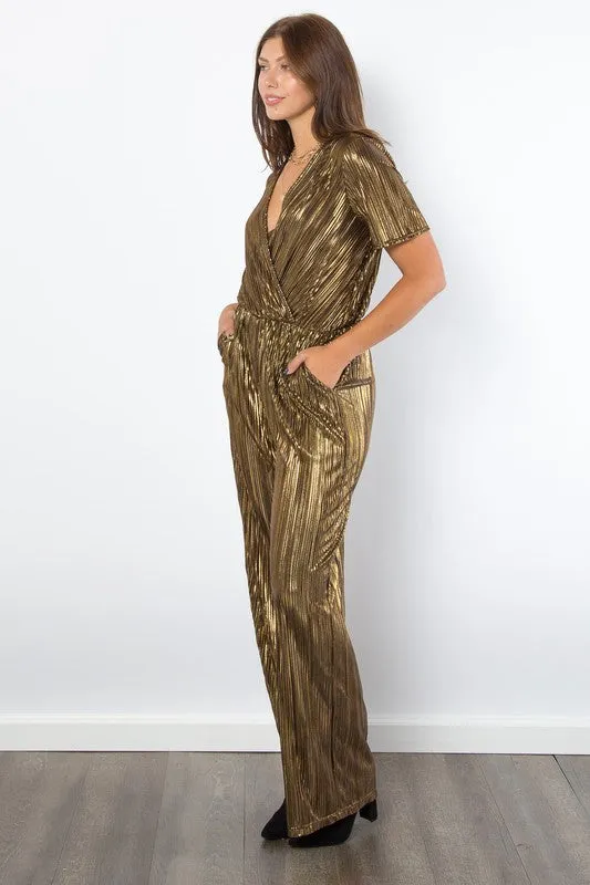 Hazel Blues® |  Be Stage Surplice Short Sleeve Pleated Foil Jumpsuit