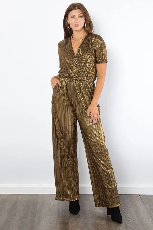 Hazel Blues® |  Be Stage Surplice Short Sleeve Pleated Foil Jumpsuit