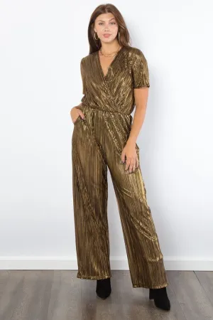Hazel Blues® |  Be Stage Surplice Short Sleeve Pleated Foil Jumpsuit