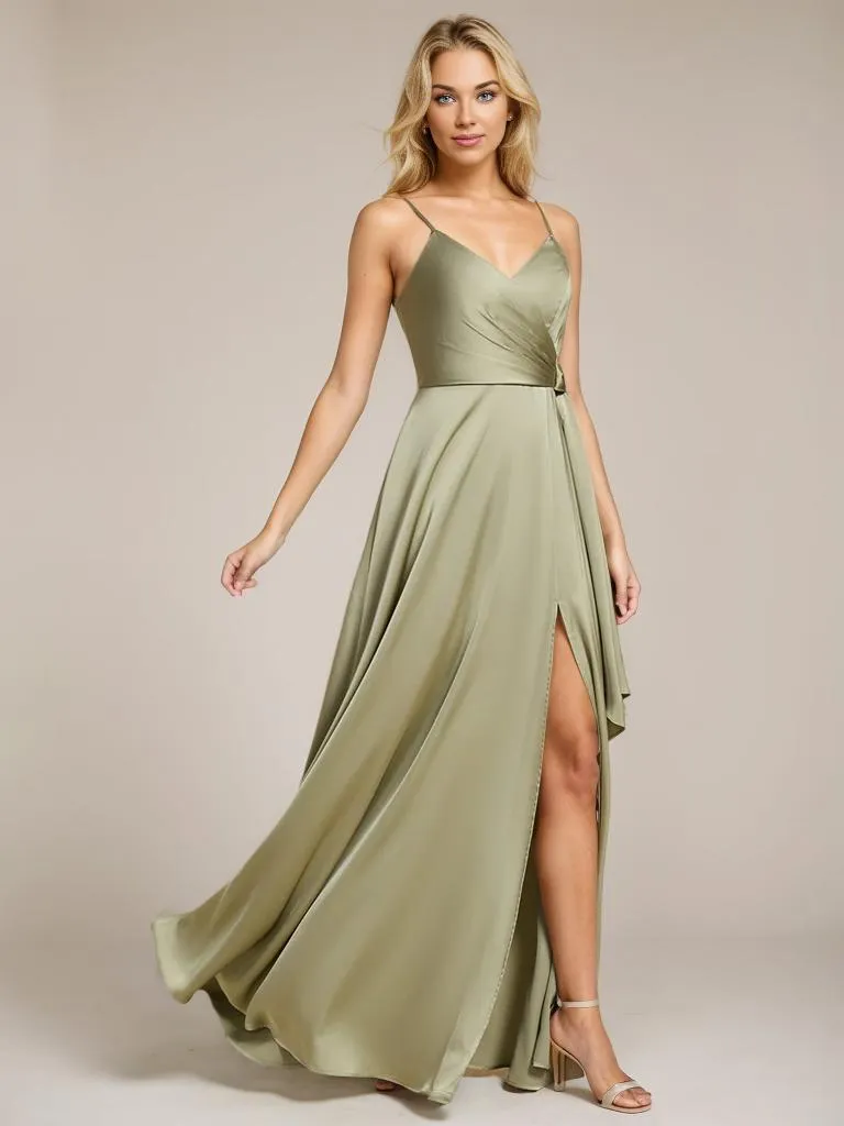 Holly thin strap satin bridesmaid dress with split