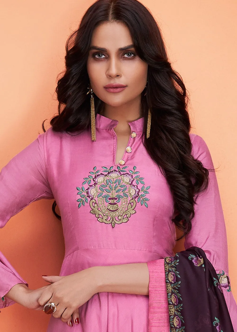 Hot Pink And Plum Floral Embroidered Palazzo Suit