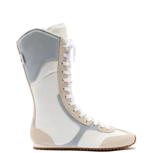Larroude x Jonathan Cohen Flat Lo Sneaker Boot In White Leather, Maya and Mushroom Grey Suede