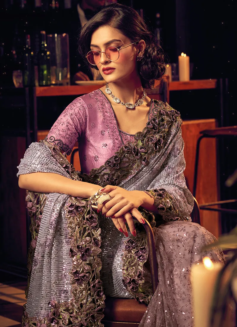 Lavender Appliqué And Sequence Embroidery Partywear Saree
