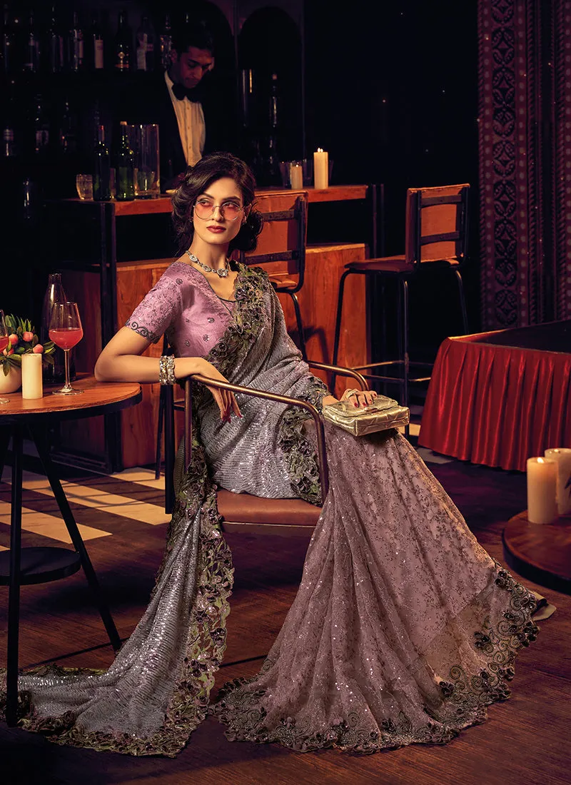 Lavender Appliqué And Sequence Embroidery Partywear Saree