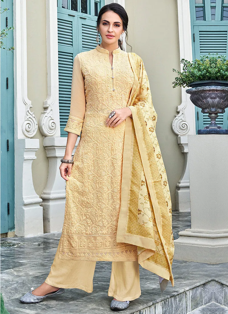 Lemon Yellow Lucknowi Embroidered Pants Suit