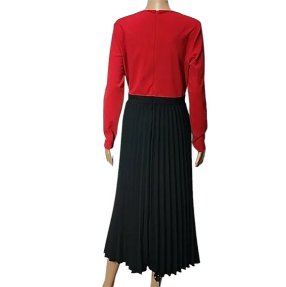 Leslie Fay long Sleeve Pleated Midi Dress Red And Black Size 12 NWT