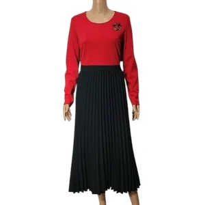 Leslie Fay long Sleeve Pleated Midi Dress Red And Black Size 12 NWT