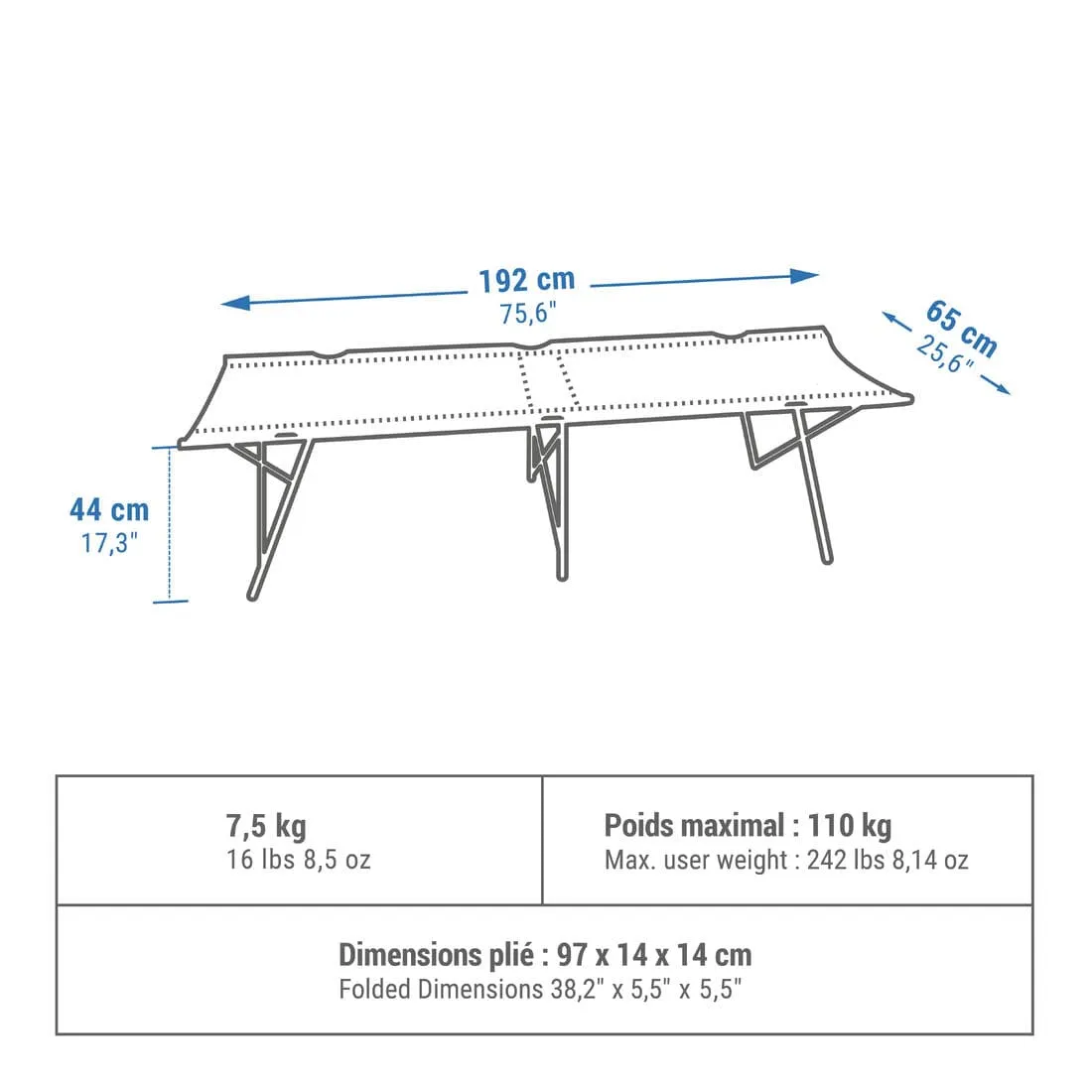 LIT DE CAMP POUR LE CAMPING - CAMP BED SECOND 65 CM - 1 PERSONNE
