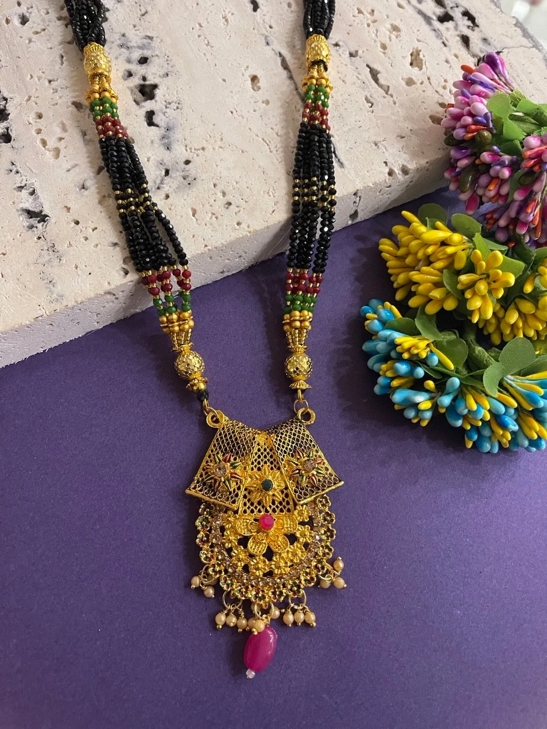 Long Mangalsutra Heavy Pendant 6 Line Crystal Black Beads Mala