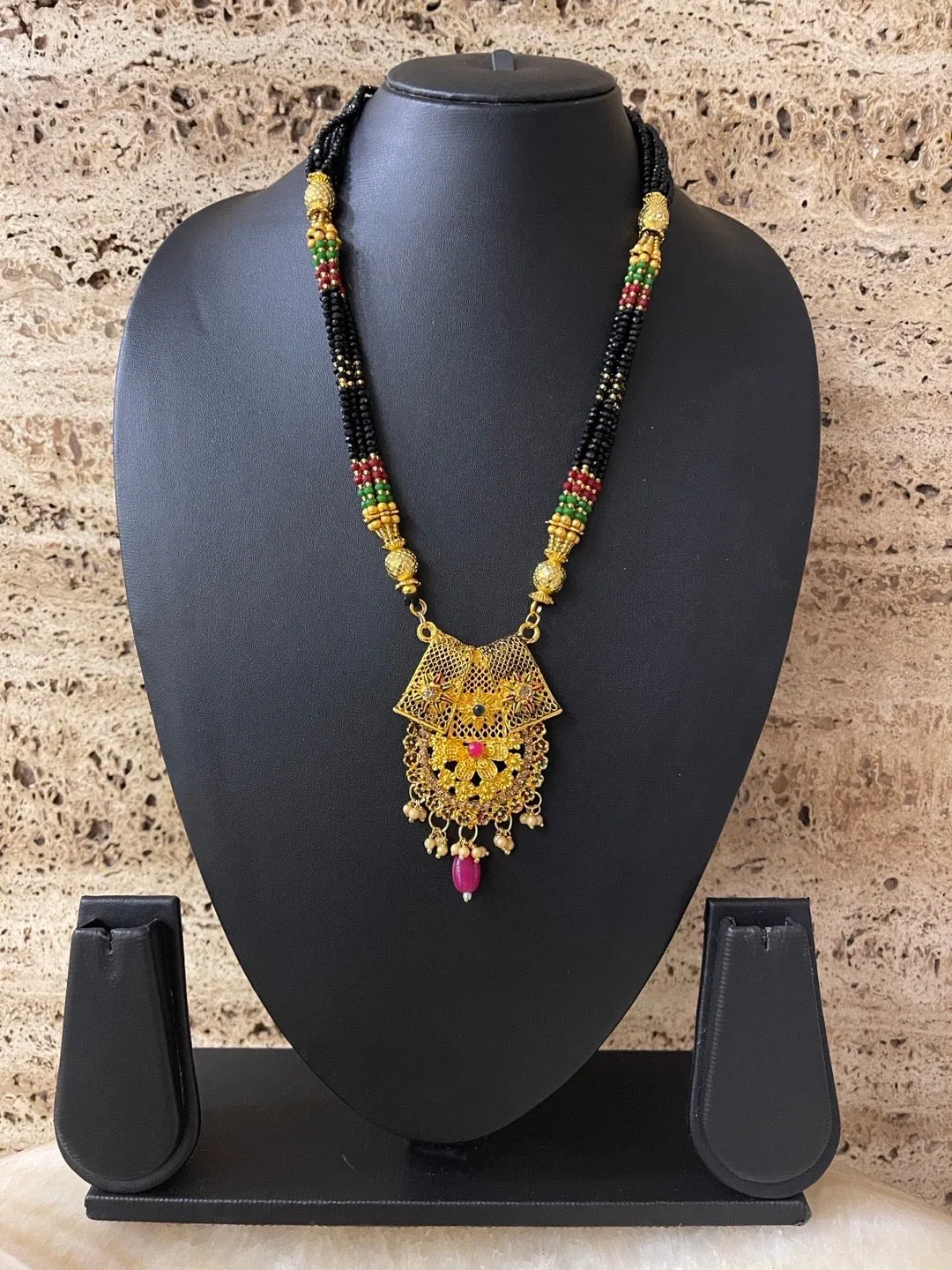 Long Mangalsutra Heavy Pendant 6 Line Crystal Black Beads Mala