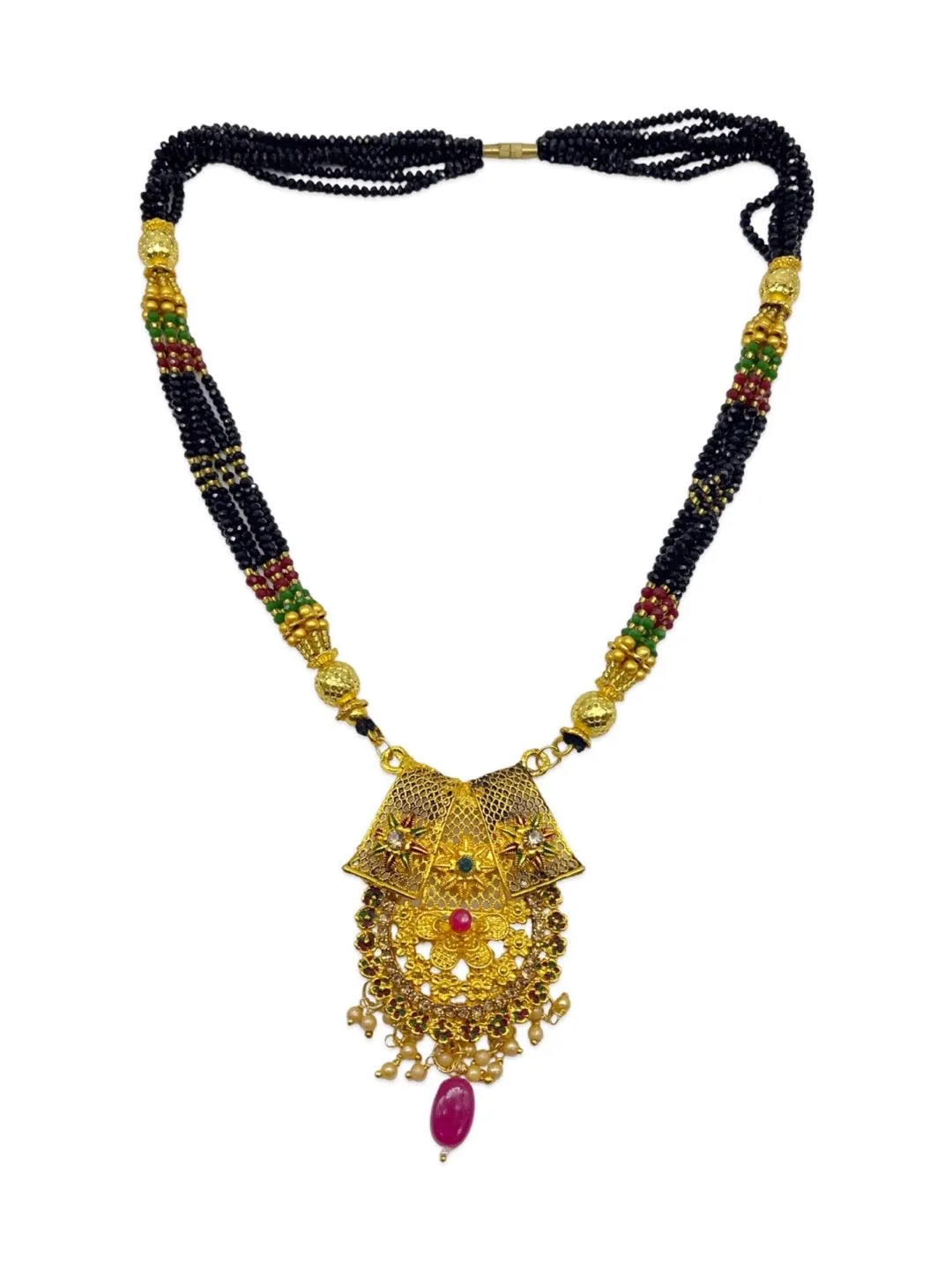Long Mangalsutra Heavy Pendant 6 Line Crystal Black Beads Mala