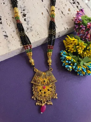 Long Mangalsutra Heavy Pendant 6 Line Crystal Black Beads Mala
