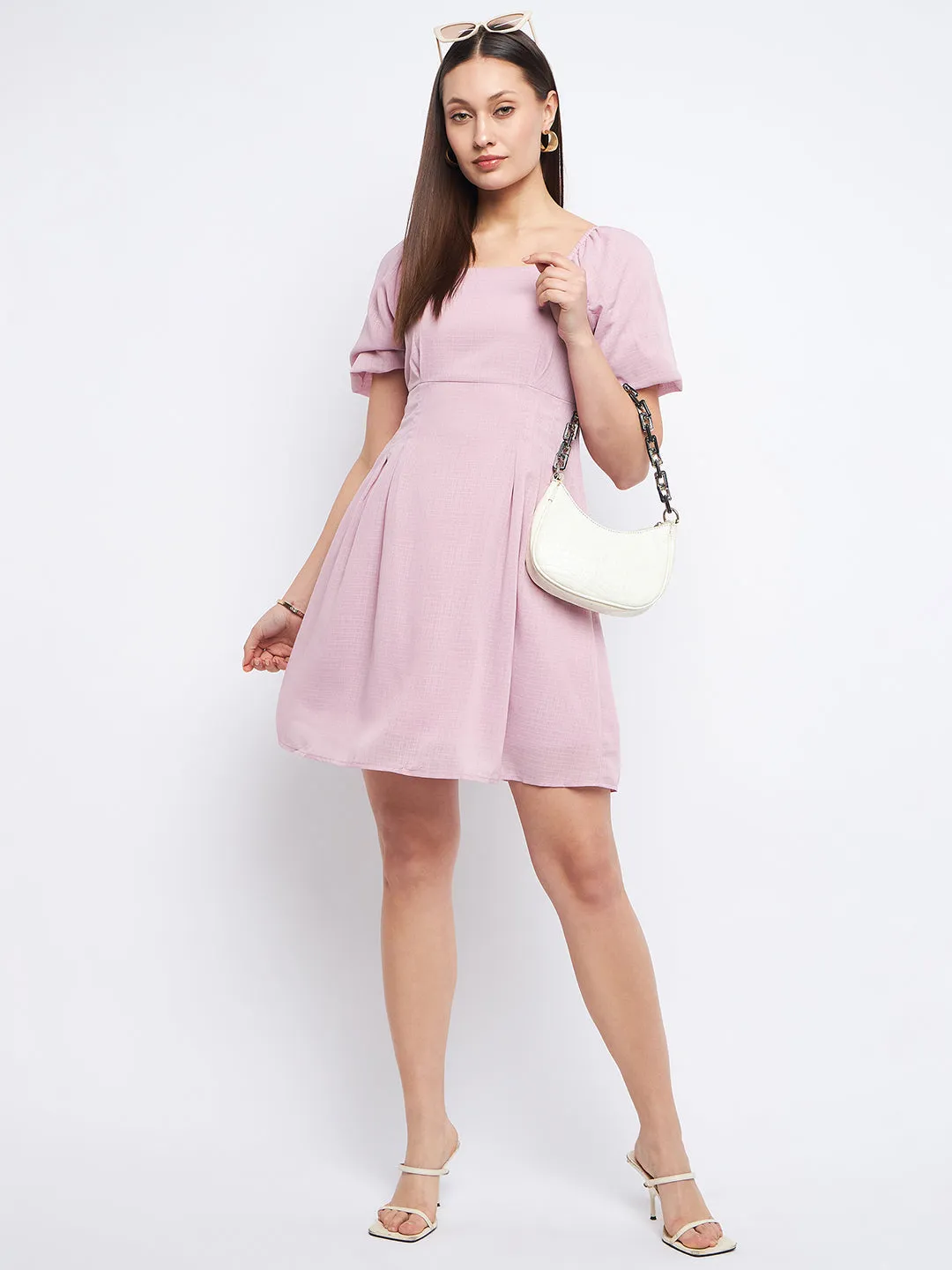 Madame Pleat Detailed Square Neck Mauve Mini Dress