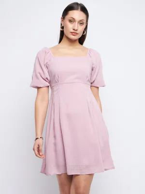 Madame Pleat Detailed Square Neck Mauve Mini Dress