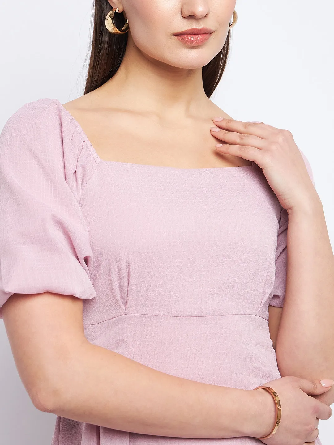Madame Pleat Detailed Square Neck Mauve Mini Dress