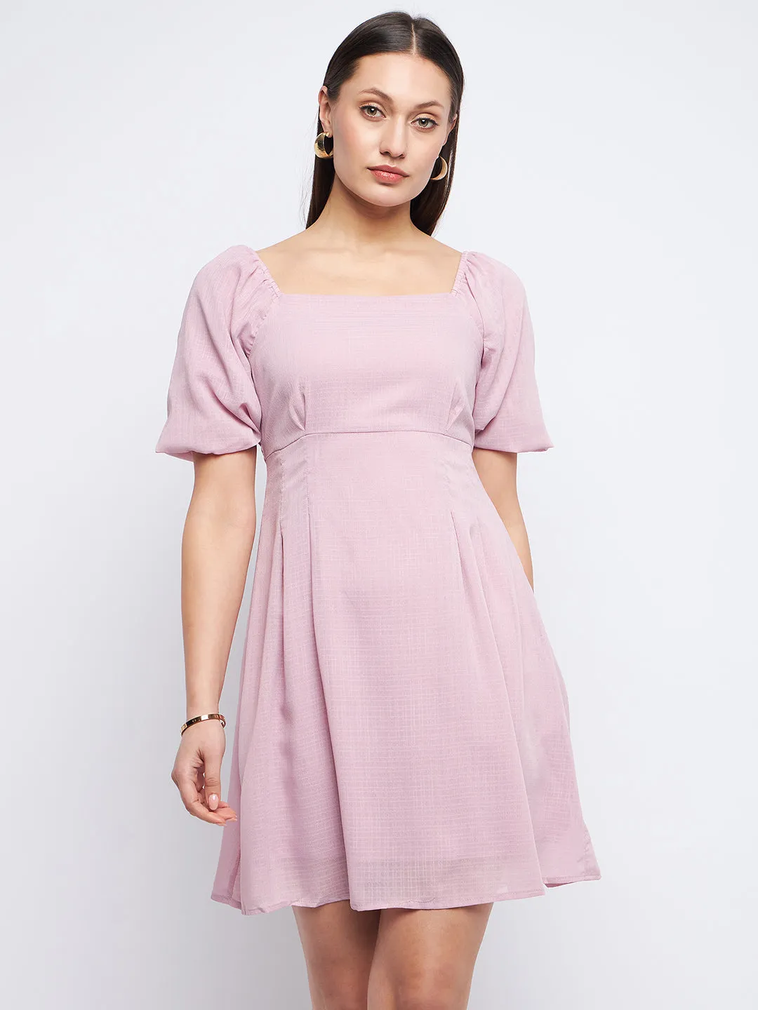 Madame Pleat Detailed Square Neck Mauve Mini Dress