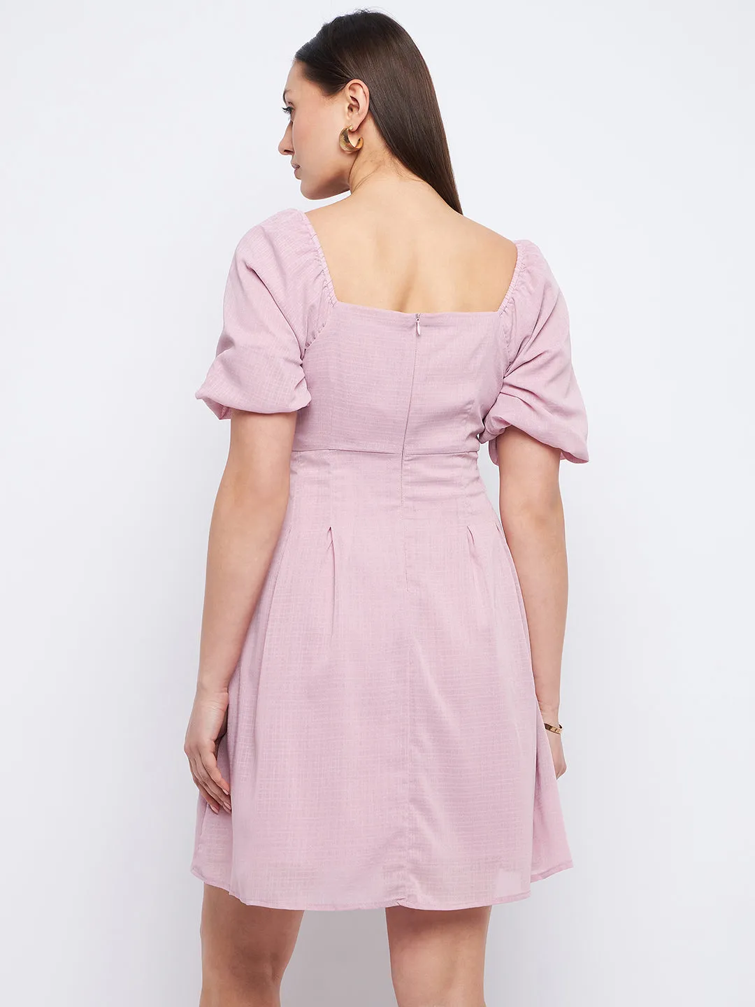 Madame Pleat Detailed Square Neck Mauve Mini Dress