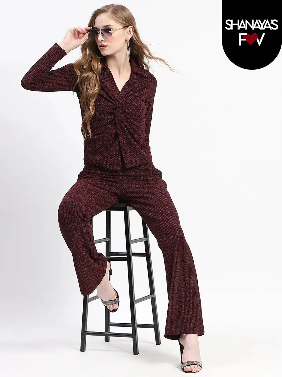Madame Plum Twist Front Top and Wide-Leg Pants Co-ord Set