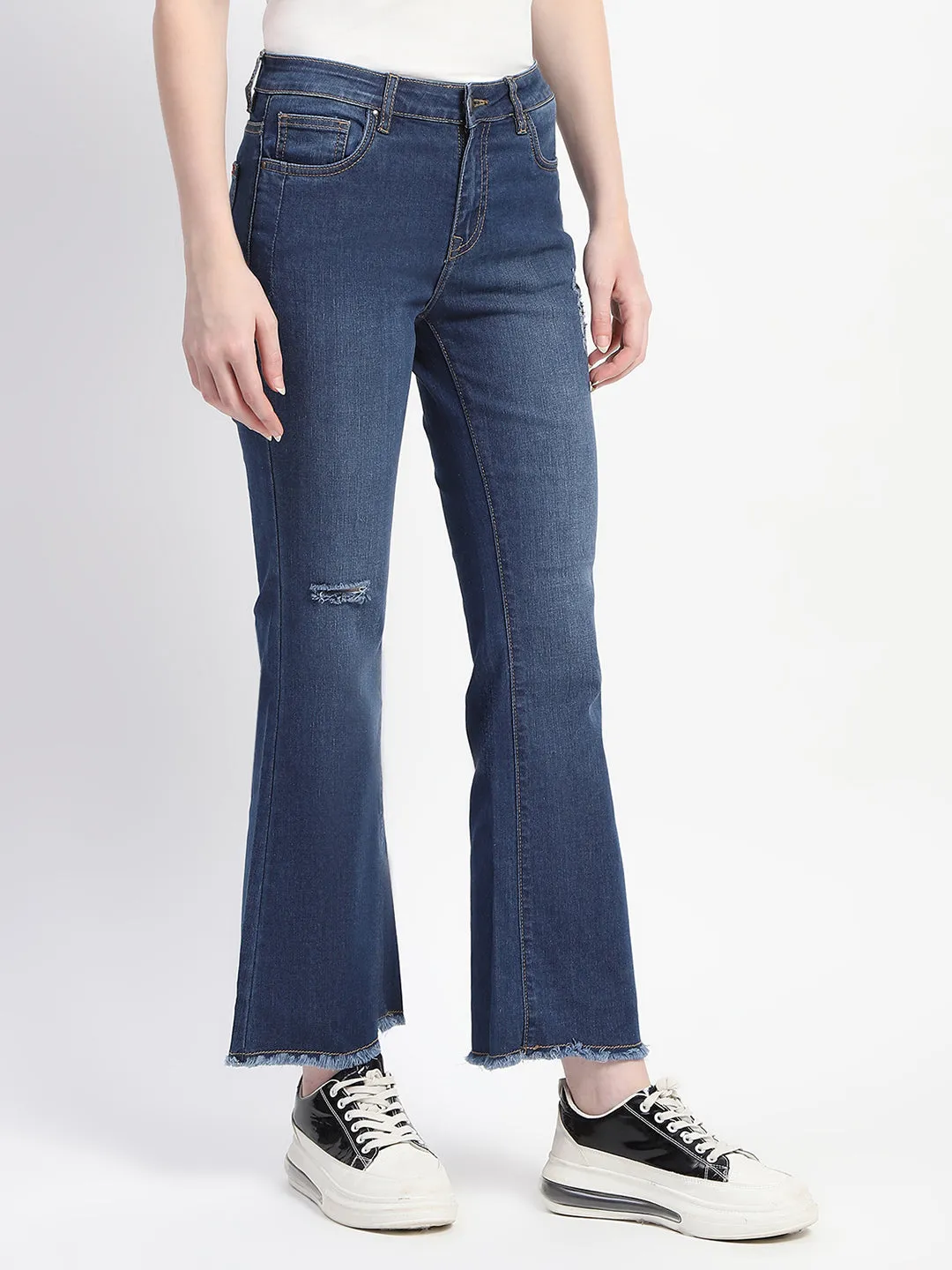 Madame Ripped Frayed Hem Navy Blue Flared Jeans